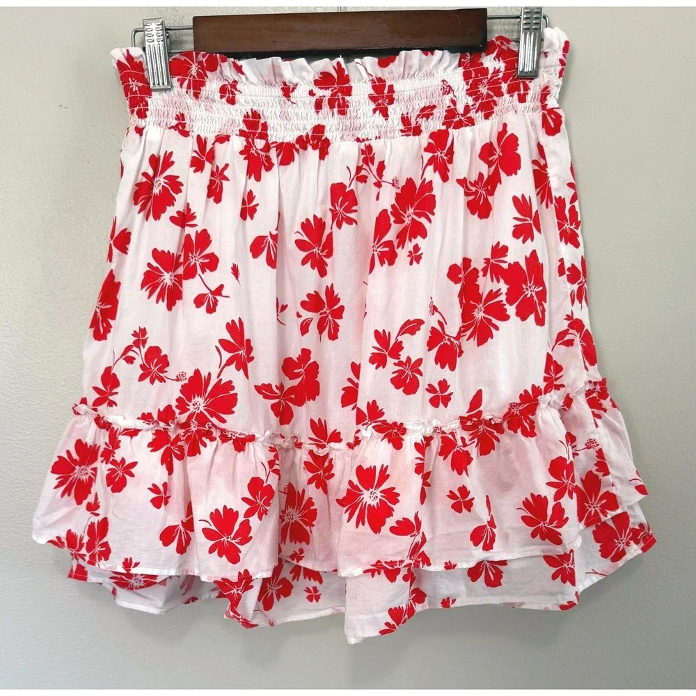 J.Crew Re-Imagined Red Blue Floral Smocked Waist Ruffle Cotton Mini Skirt Sz S